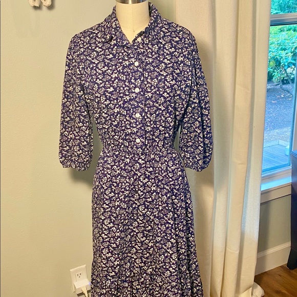 Vintage Navy Floral Prairie Cottagecore Midi Dress - Picture 7 of 16